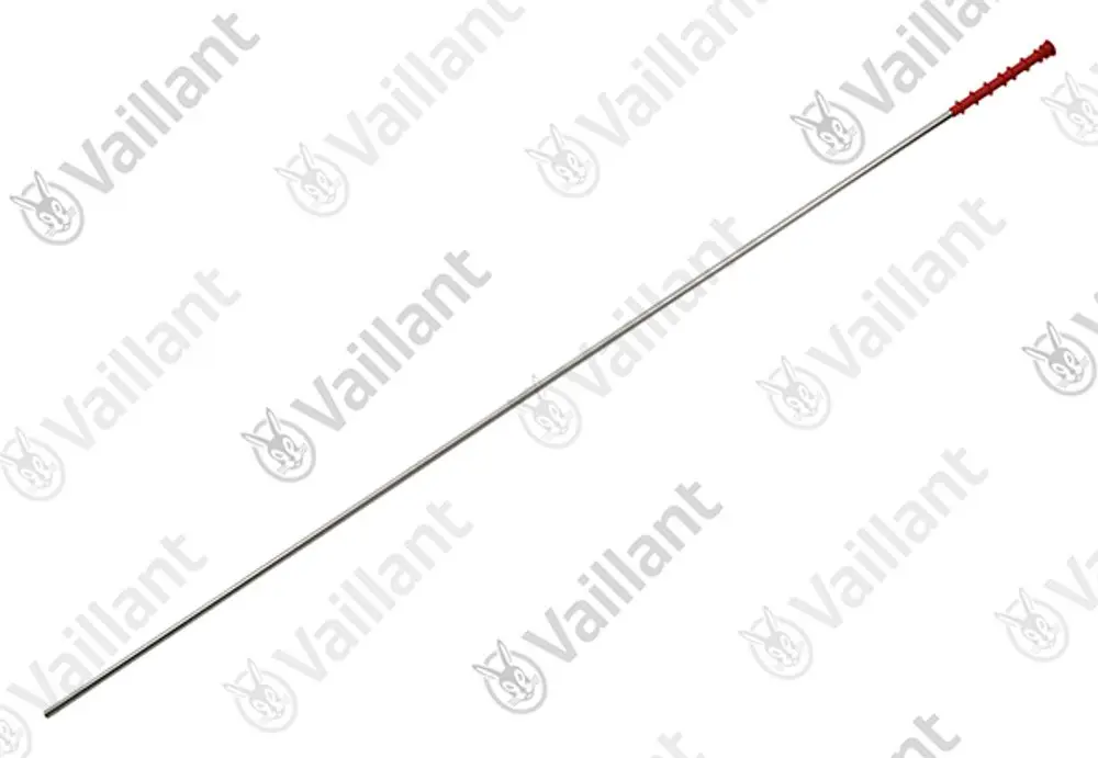 Langes, schlankes Edelstahlrohr mit rotem Griff, beschriftet mit dem Markennamen "Vaillant". Das Produkt scheint für Heizungs- oder Installationszwecke geeignet zu sein.